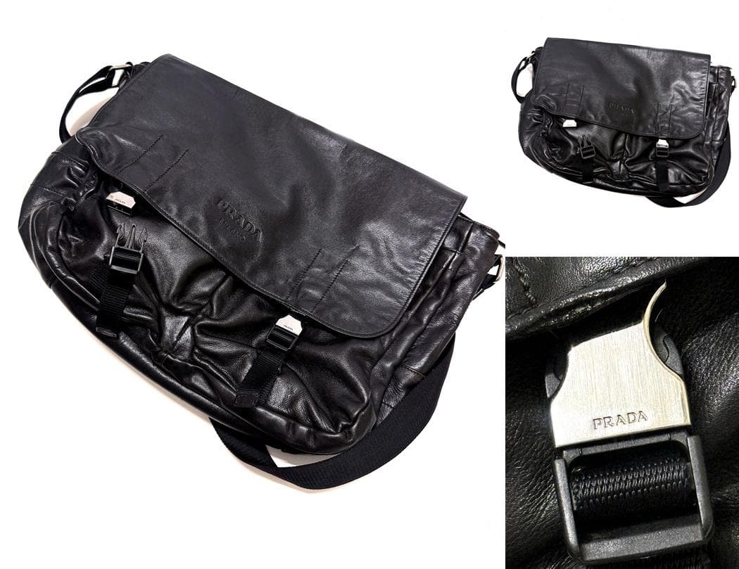 プラダ　レザー　メッセンジャー ショルダー バッグ　ハイエンド　定価35万　ロゴ