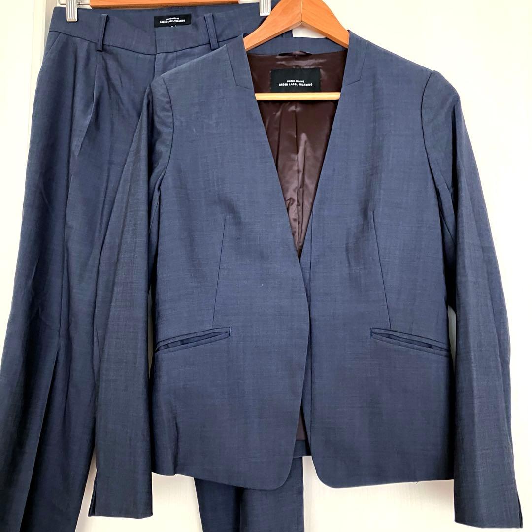 グリーンレーベルリラクシング ノーカラー パンツ スーツ ネイビー 38 総裏
