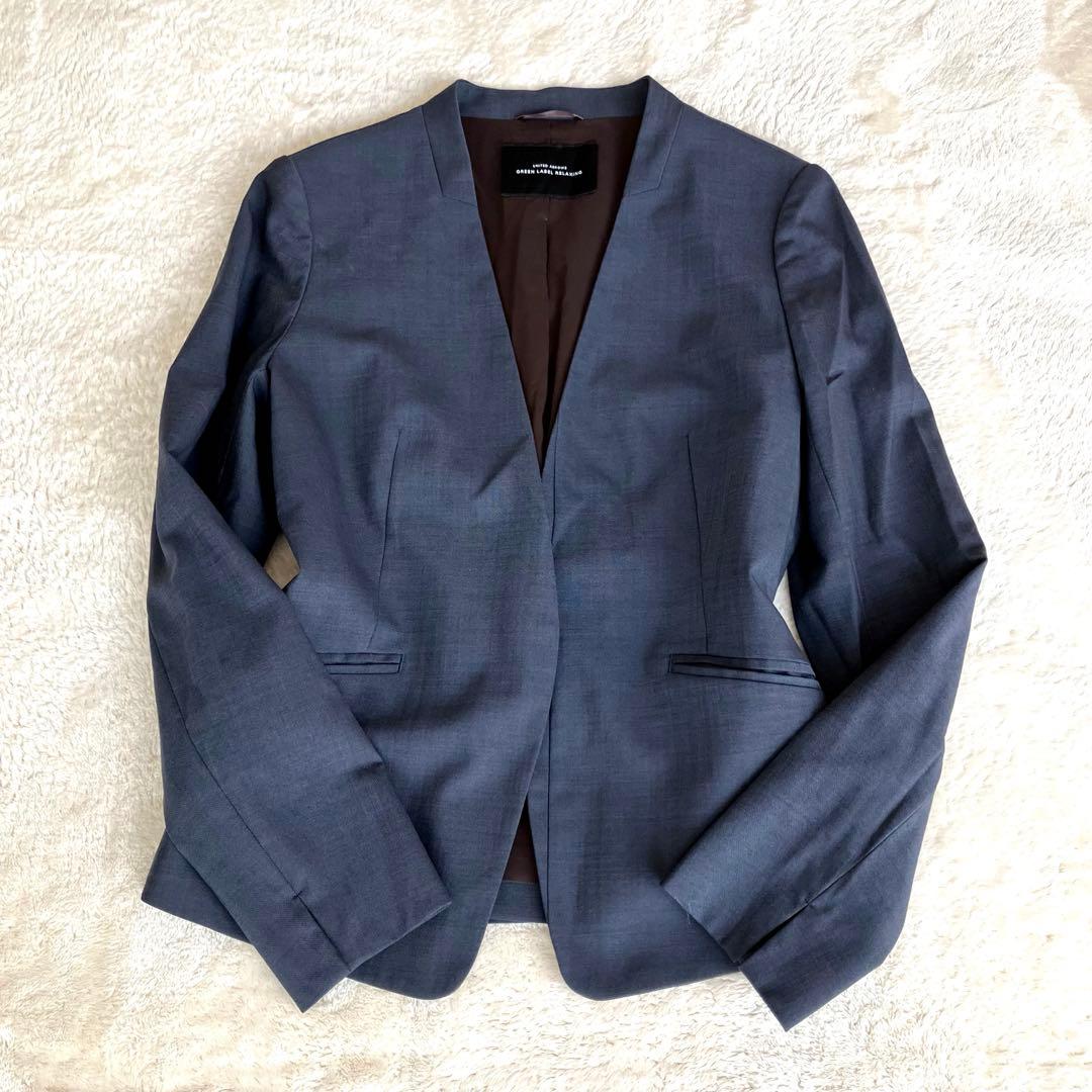 グリーンレーベルリラクシング ノーカラー パンツ スーツ ネイビー 38 総裏