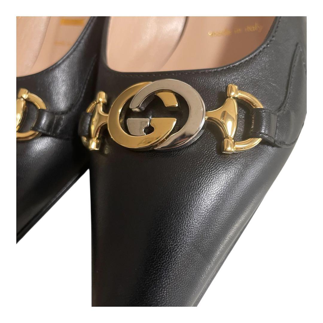 【新品未使用】GUCCI ブラックレザーパンプス GG ホースビット 36