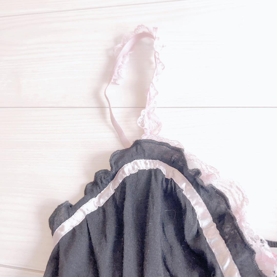 TRALALA・LIZLISA系 リボン付きフリルタンクトップ（黒×ピンク）