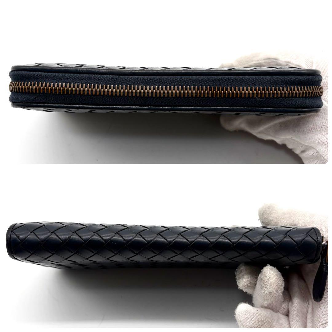 【美品】ボッテガヴェネタ 長財布 イントレチャート ラウンドジップ ネイビー