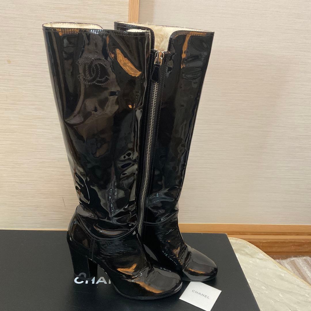 専用CHANEL ブラック パテントレザー ロングブーツ３７(23、5〜24cm