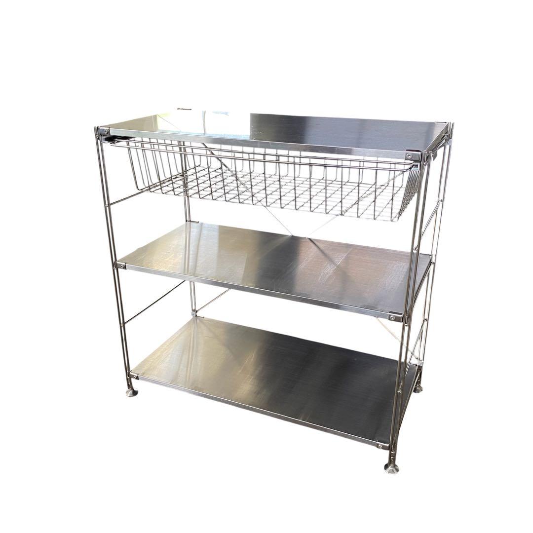 無印良品 ステンレスユニットシェルフ ワイド小 家具 ワイヤーバスケット付