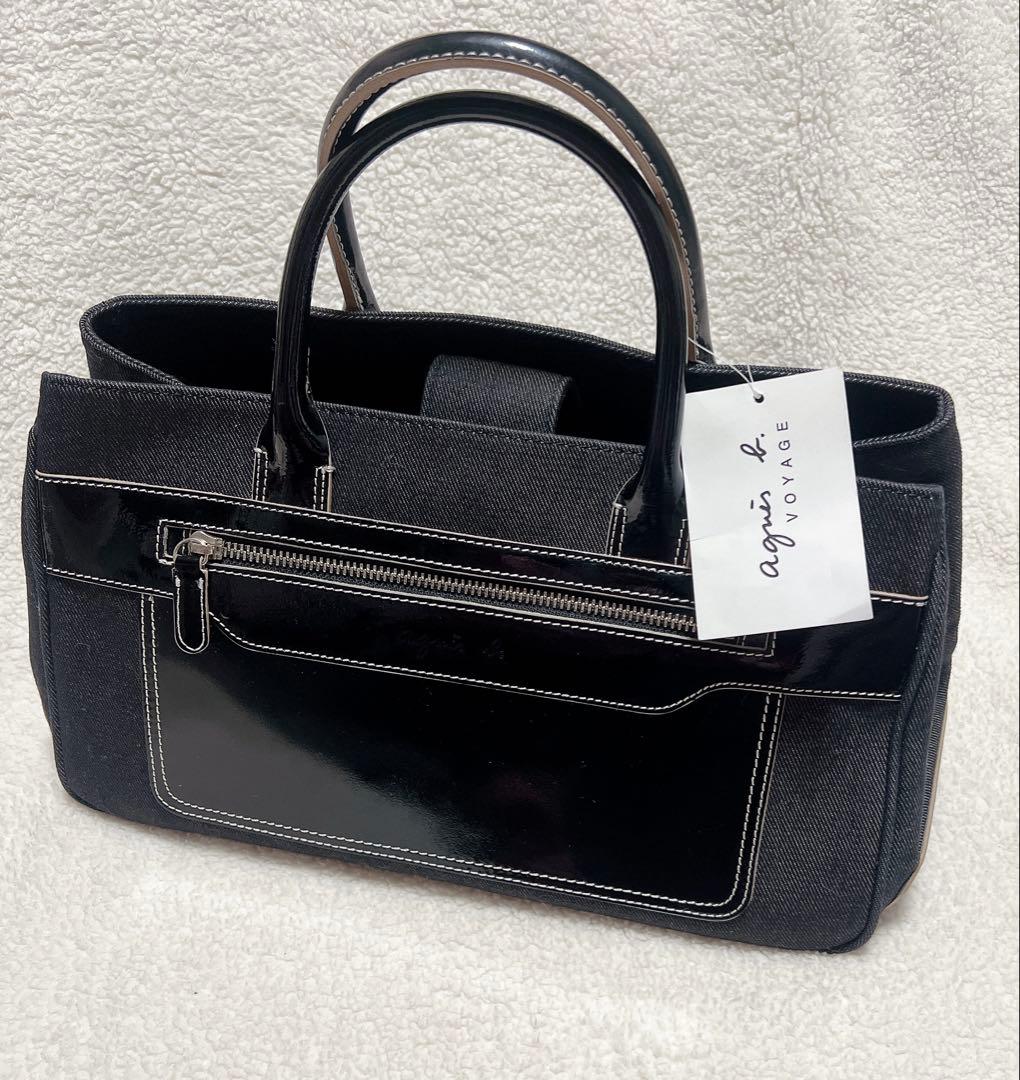 アニエスベー トートバッグ 黒 キャンバス×エナメル