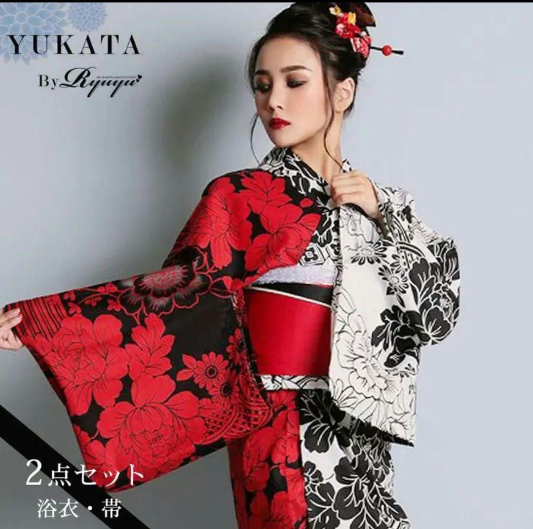 赤黒花柄 浴衣セット フリーサイズ
