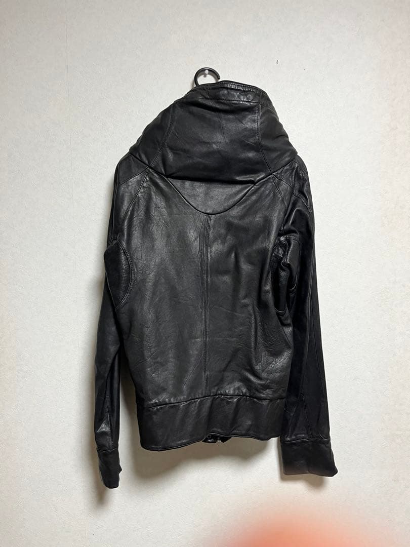 本革 レザージャケット フード一体型 ブラック 多ジップ バイカー モード系