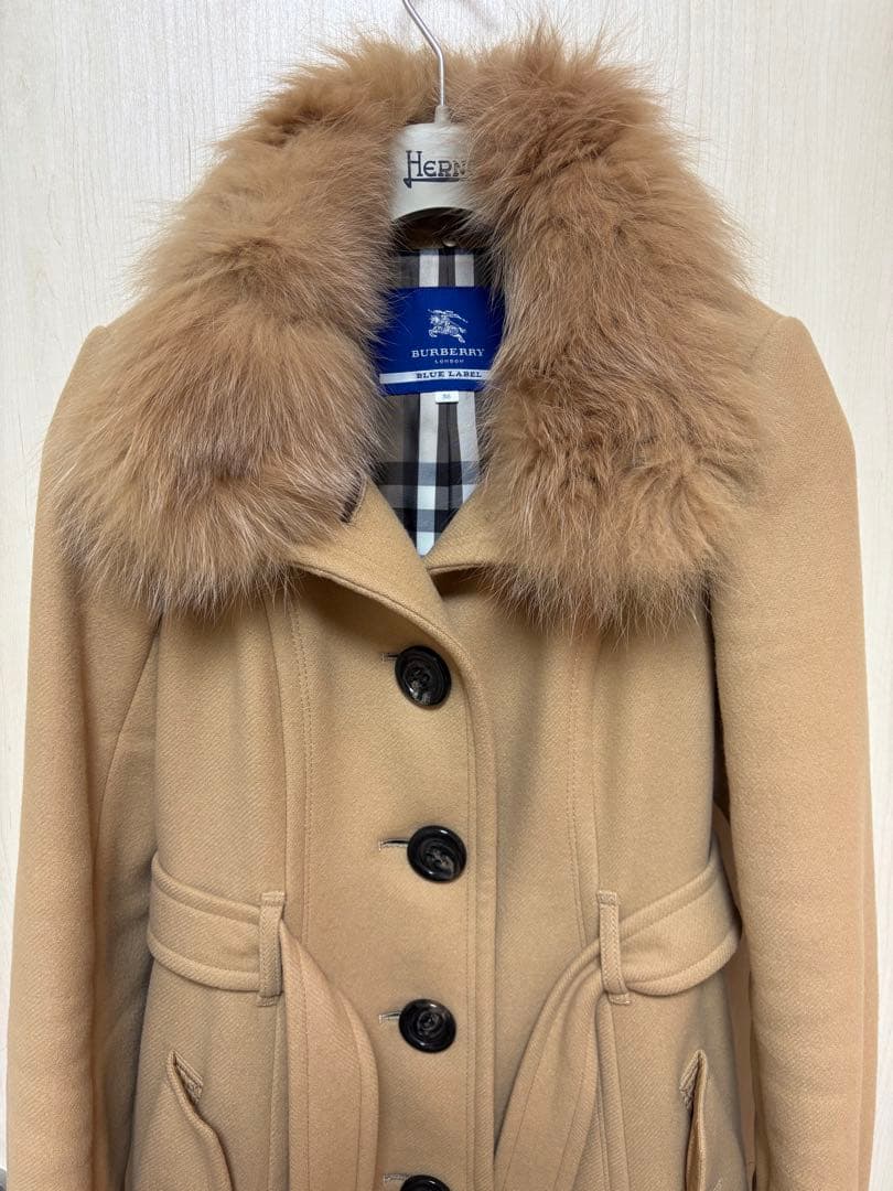 【美品】バーバリーブルーレーベル アンゴラフォックスファー ロングコート38