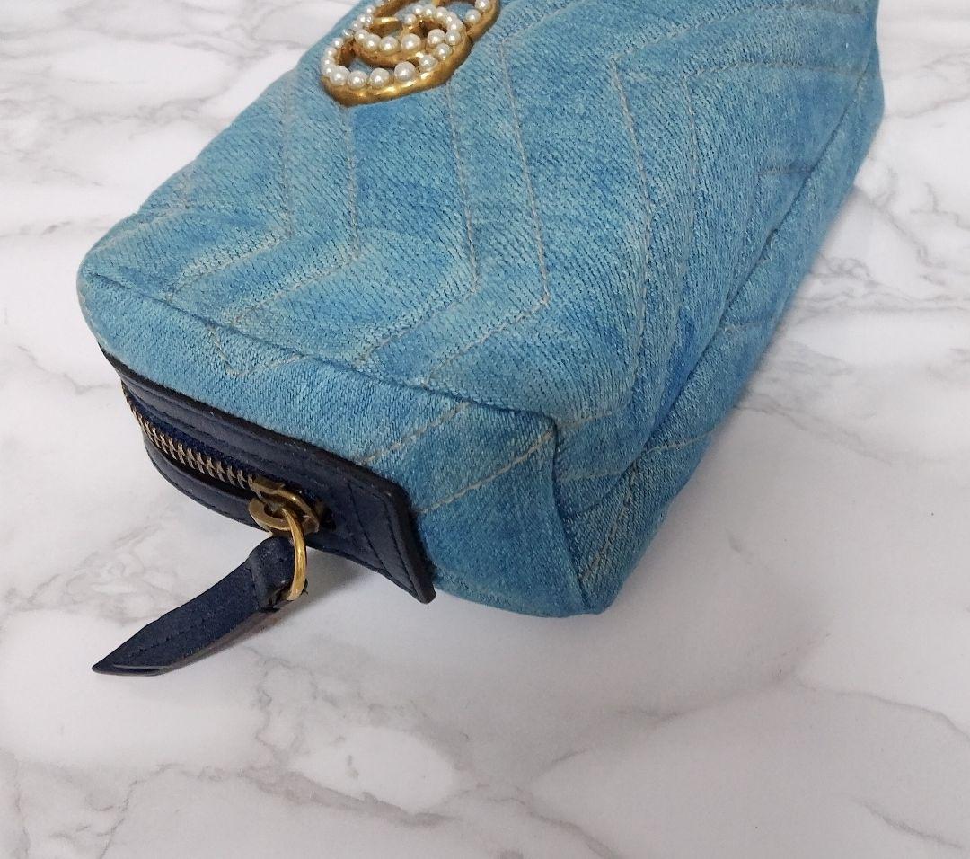 GUCCI グッチ GGマーモント デニム ポーチ パールロゴ