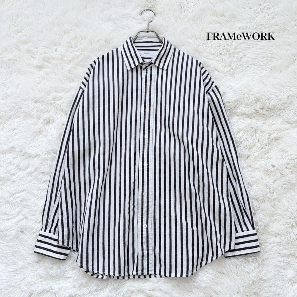 25SS　フレームワーク　コットンストライプレギュラーカラーシャツ　ホワイト