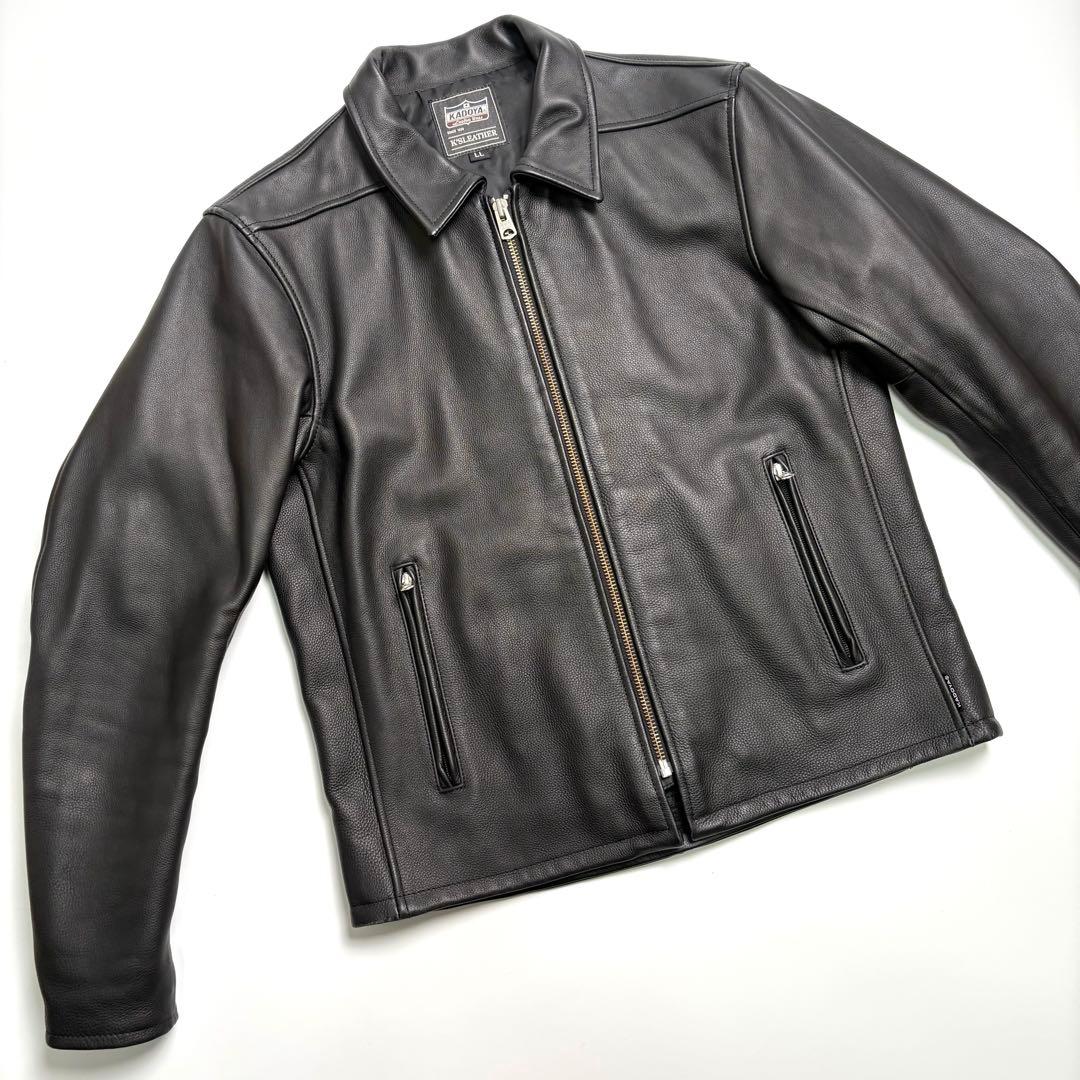 【牛革】KADOYA レザー ライダースジャケット 黒 LL 衿付 シングル
