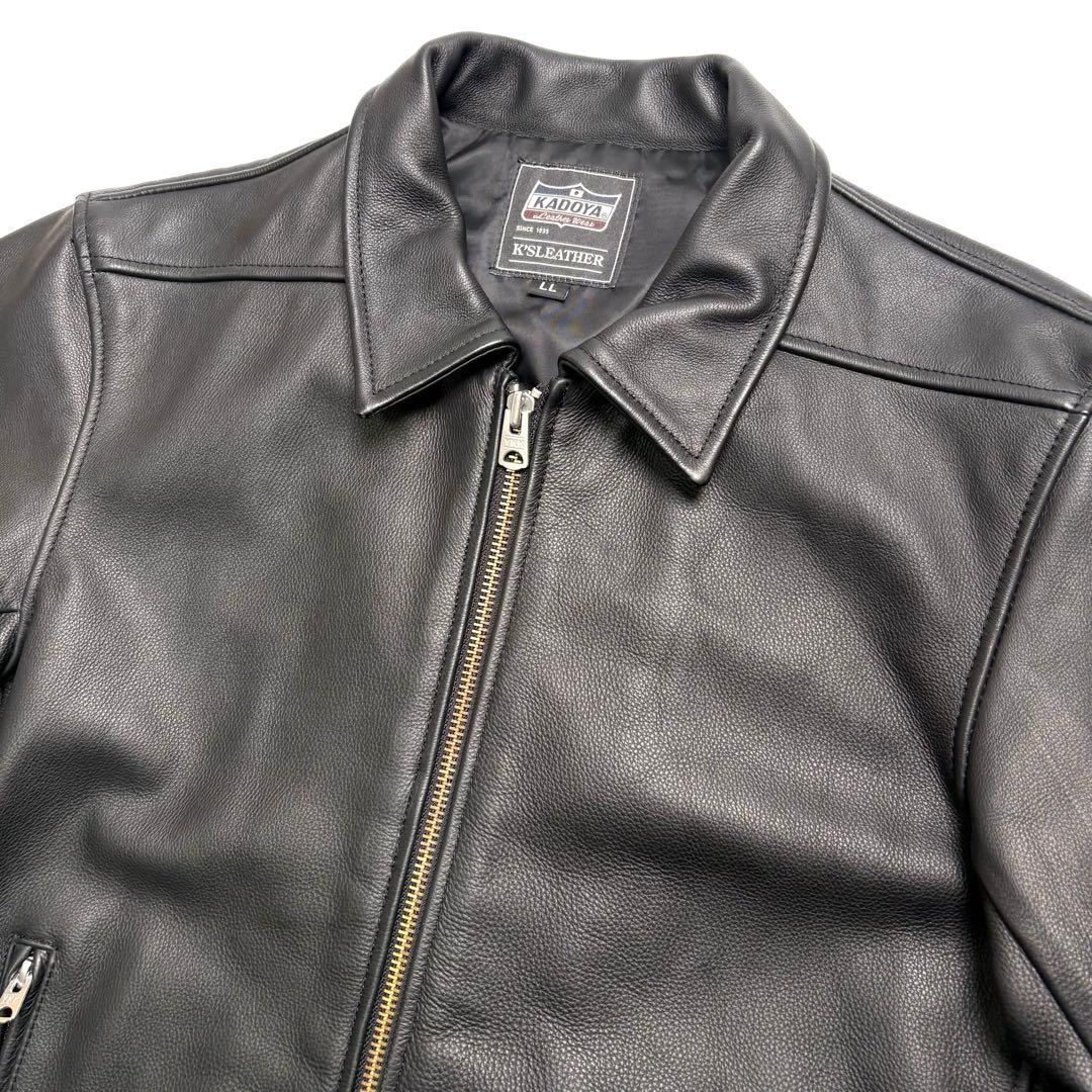 【牛革】KADOYA レザー ライダースジャケット 黒 LL 衿付 シングル