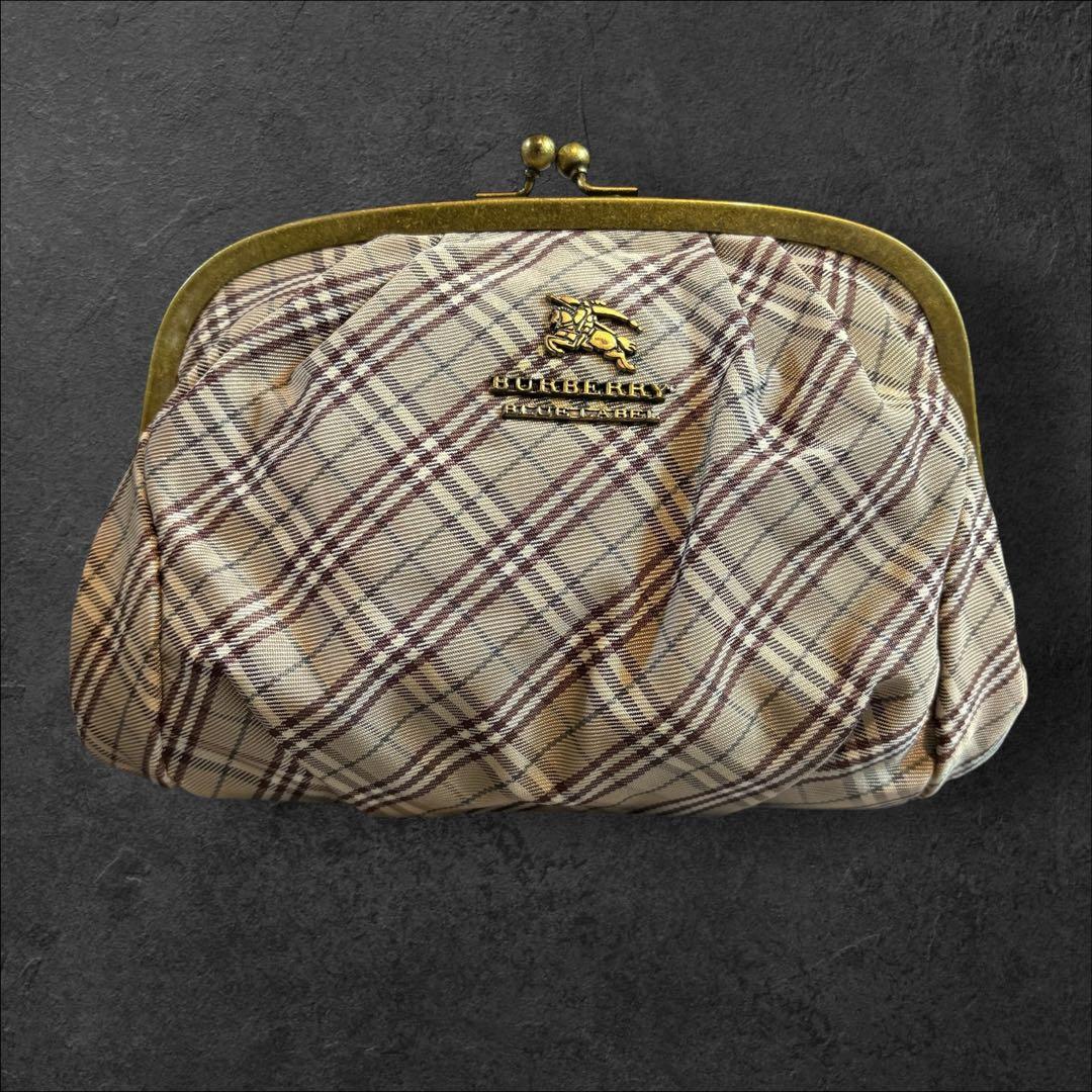 【極美品】バーバリーブルーレーベル がま口ポーチ ホースロゴ ノバチェック 茶