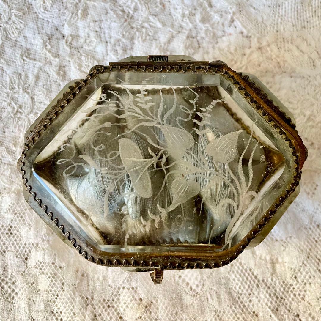 6角形ベベルガラスジュエリーボックス　アクセサリーケース　フランスアンティーク
