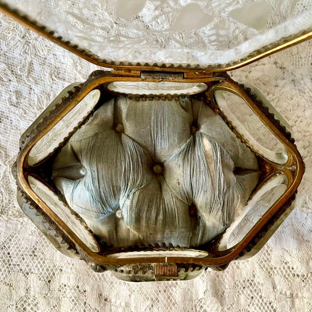 6角形ベベルガラスジュエリーボックス　アクセサリーケース　フランスアンティーク