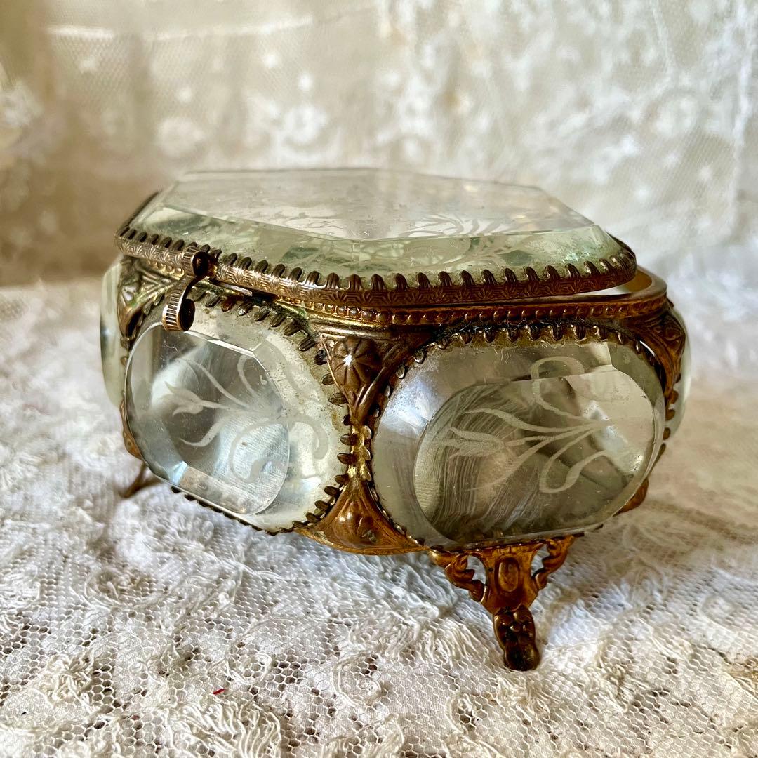 6角形ベベルガラスジュエリーボックス　アクセサリーケース　フランスアンティーク