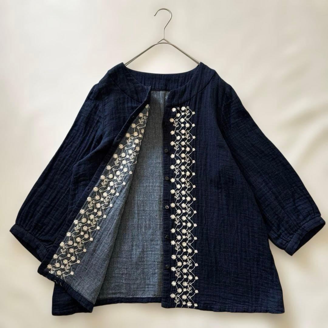 群言堂 根々 石見銀山生活文化研究所 刺繍 インディゴ 藍 シャツ ブラウス