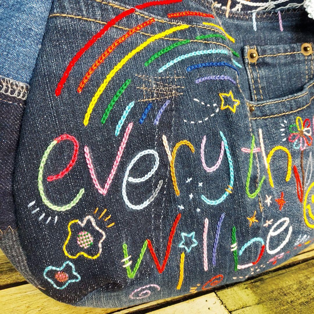 刺繍デニムバック　No.662　デニムリメイク　刺繍バック　サイドポケット