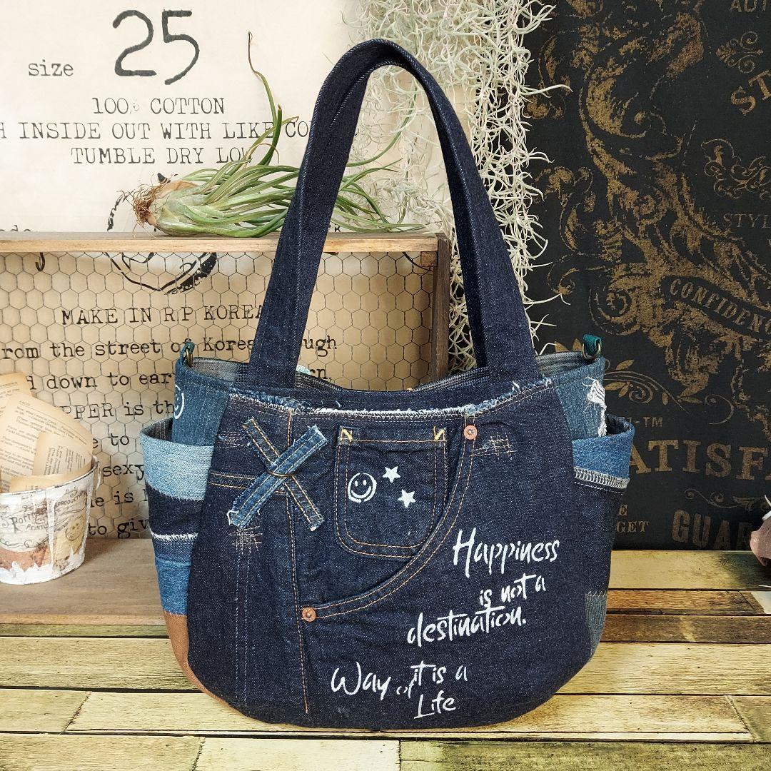 刺繍デニムバック　No.662　デニムリメイク　刺繍バック　サイドポケット