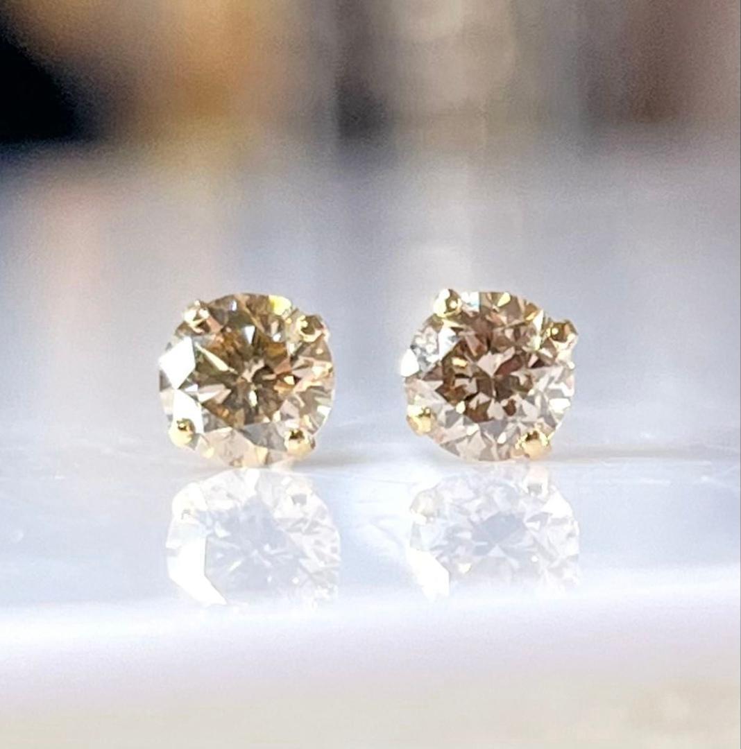 K18天然ダイヤモンド4本爪ピアス 計0.8ct ブラウン系 鑑別カード付き