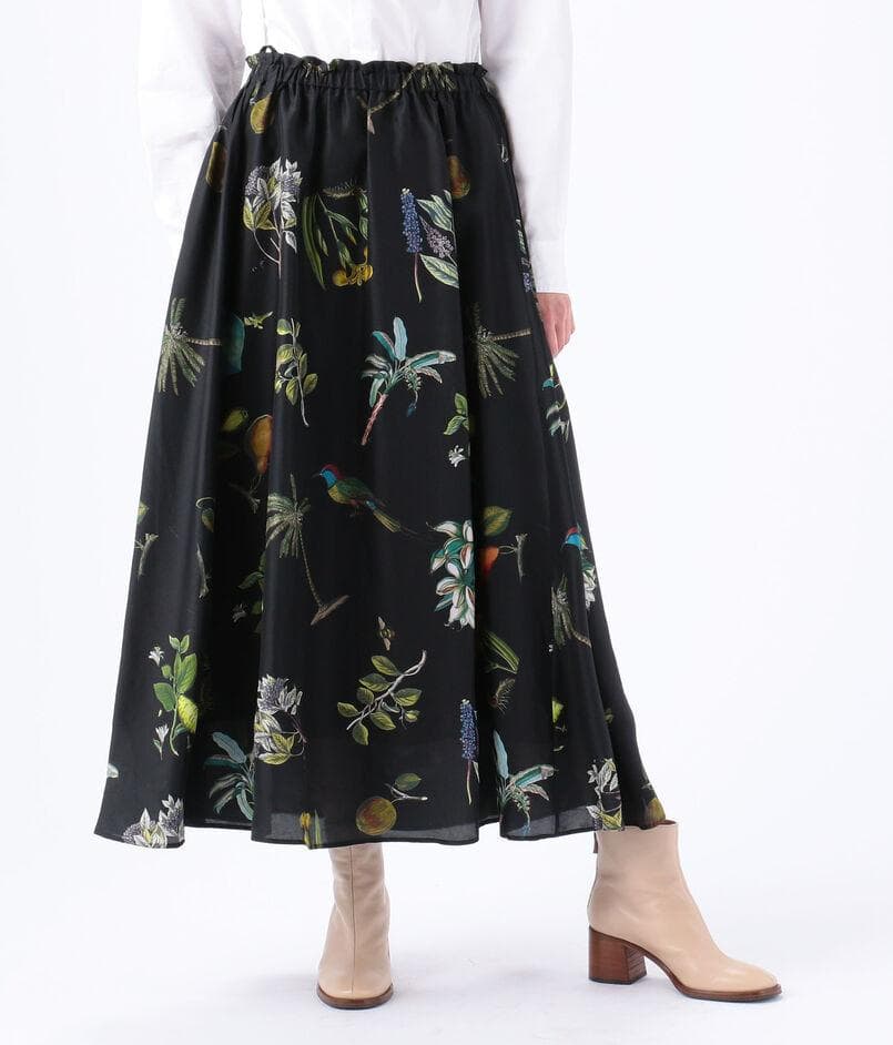 美品CABaNキャバン シルク　ボタニカルプリント ミディギャザースカート 花柄