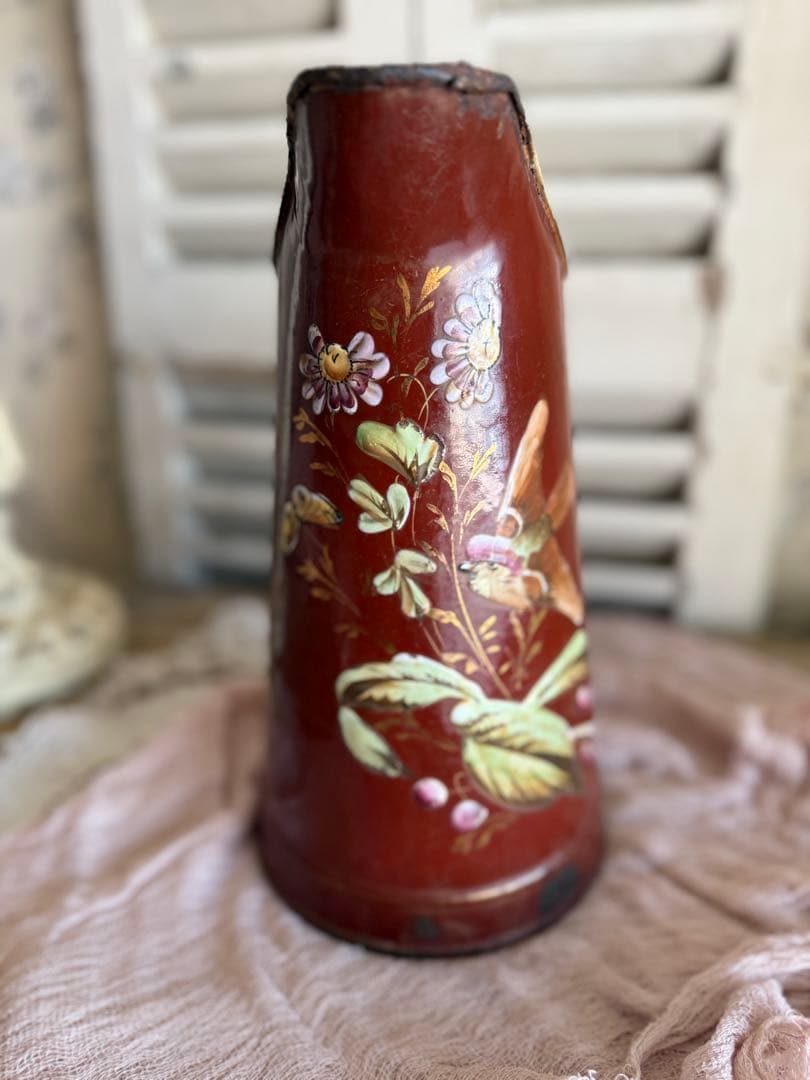 フランスアンティークブラウン小鳥と草花のハンドペイントのホーロージャグピッチャー