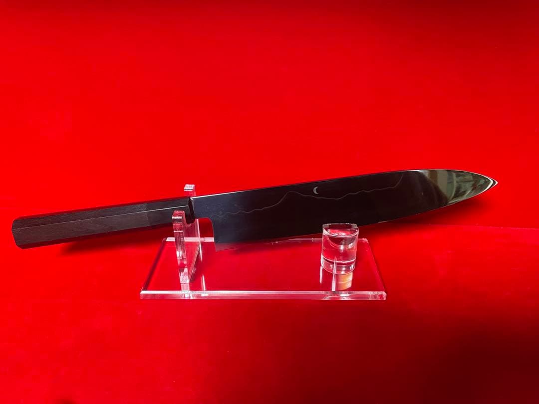 01534 包丁　牛刀　ハ寸　水本焼　富士山残月波紋　白鋼　鏡面仕上げ　未使用