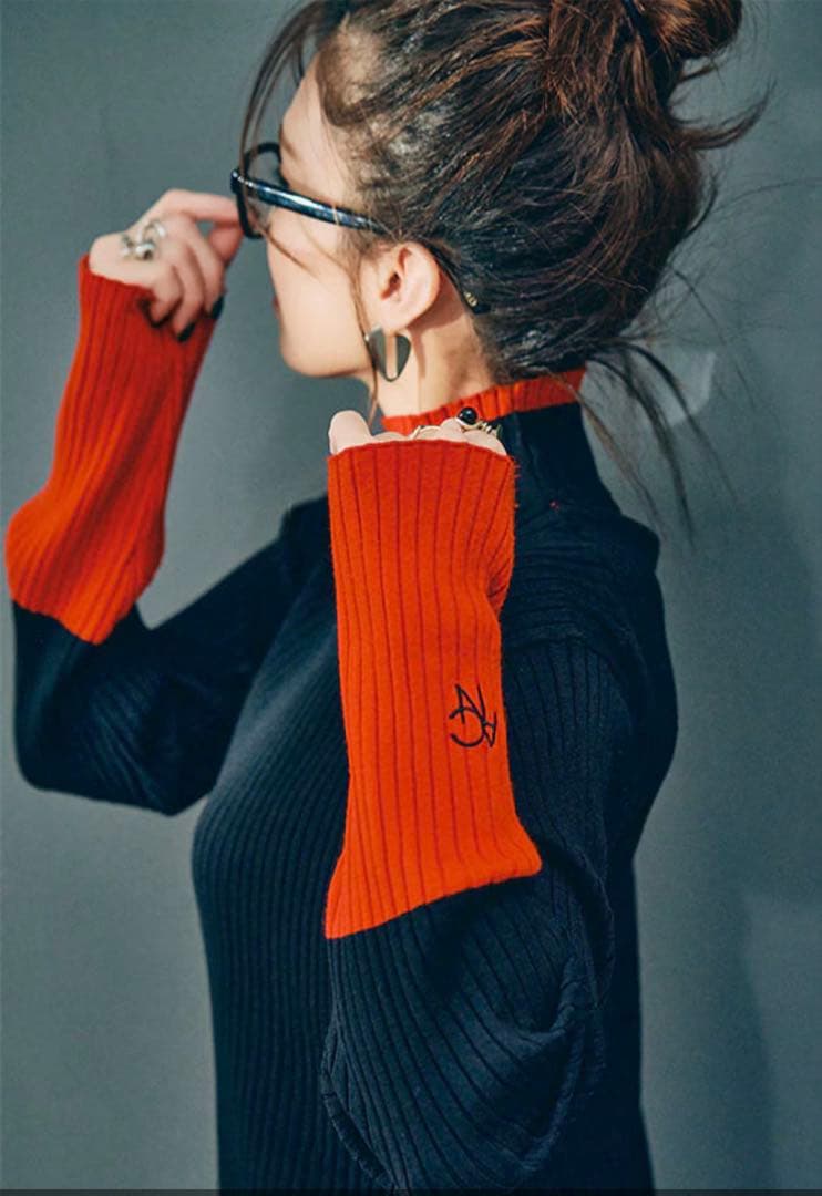 ANIECA Bicolor Rib Knit/バイカラーリブ ニット 黒×赤