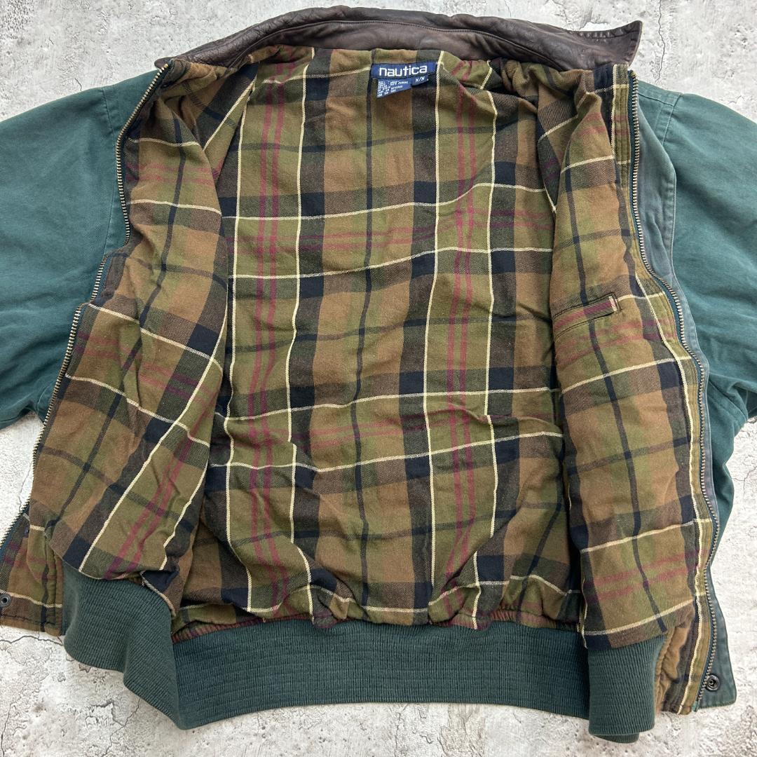 ア*ン様 90s　香港製　ノーティカ　襟レザー　ブルゾン　古着　グリーン　M