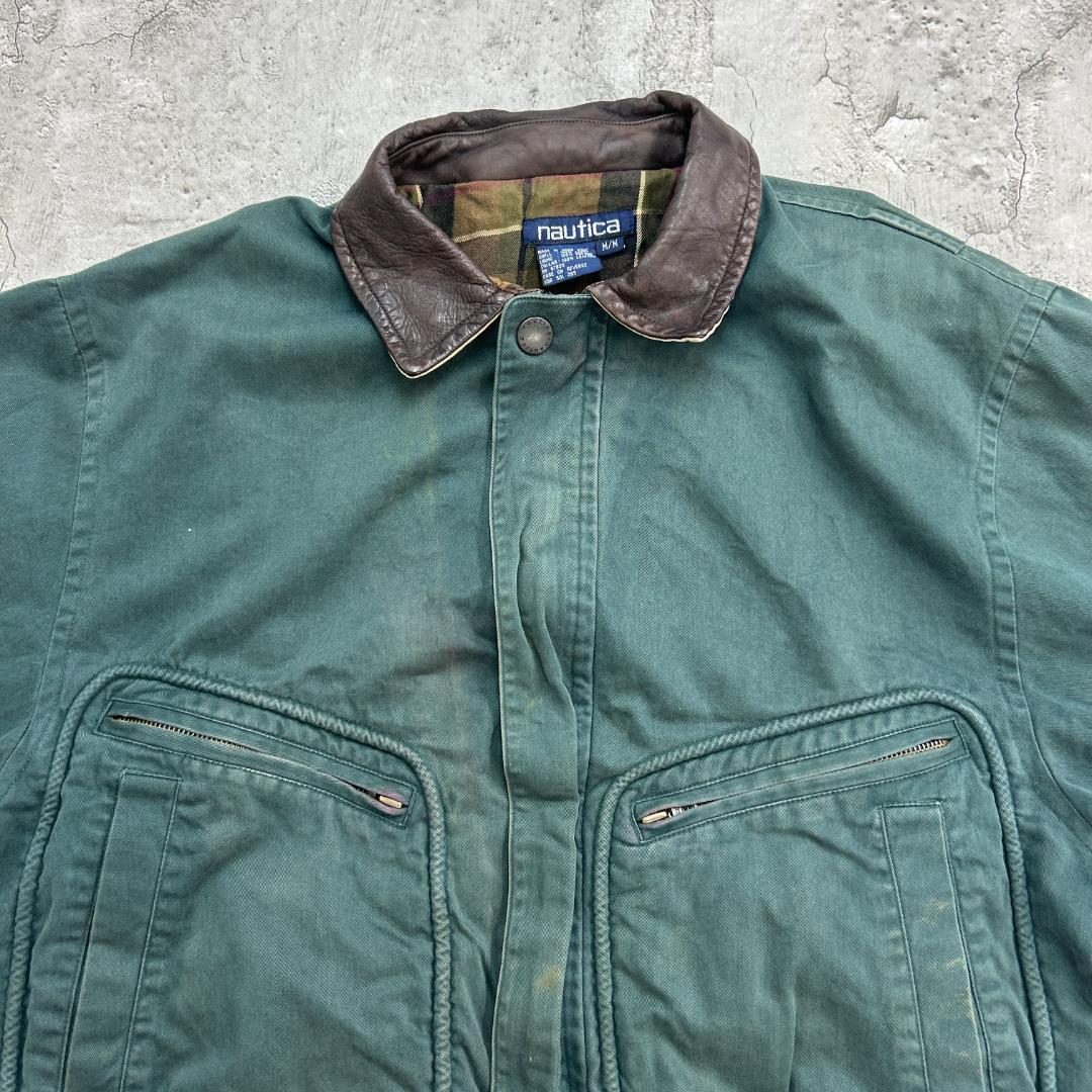 ア*ン様 90s　香港製　ノーティカ　襟レザー　ブルゾン　古着　グリーン　M