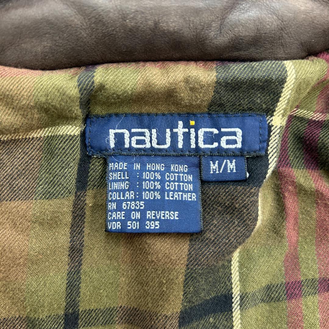 ア*ン様 90s　香港製　ノーティカ　襟レザー　ブルゾン　古着　グリーン　M