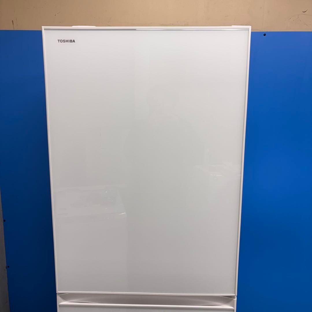 670 東芝大型冷蔵庫　400L強　小型　右開き　ガラスパネル　5ドア　ホワイト