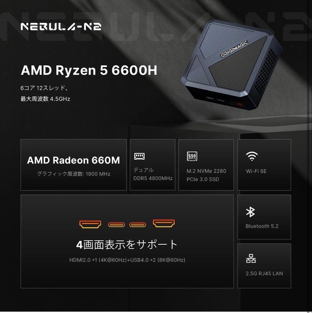 ミニPC ORIGIMAGIC N2 Ryzen 5 6600H 32GB 512GB