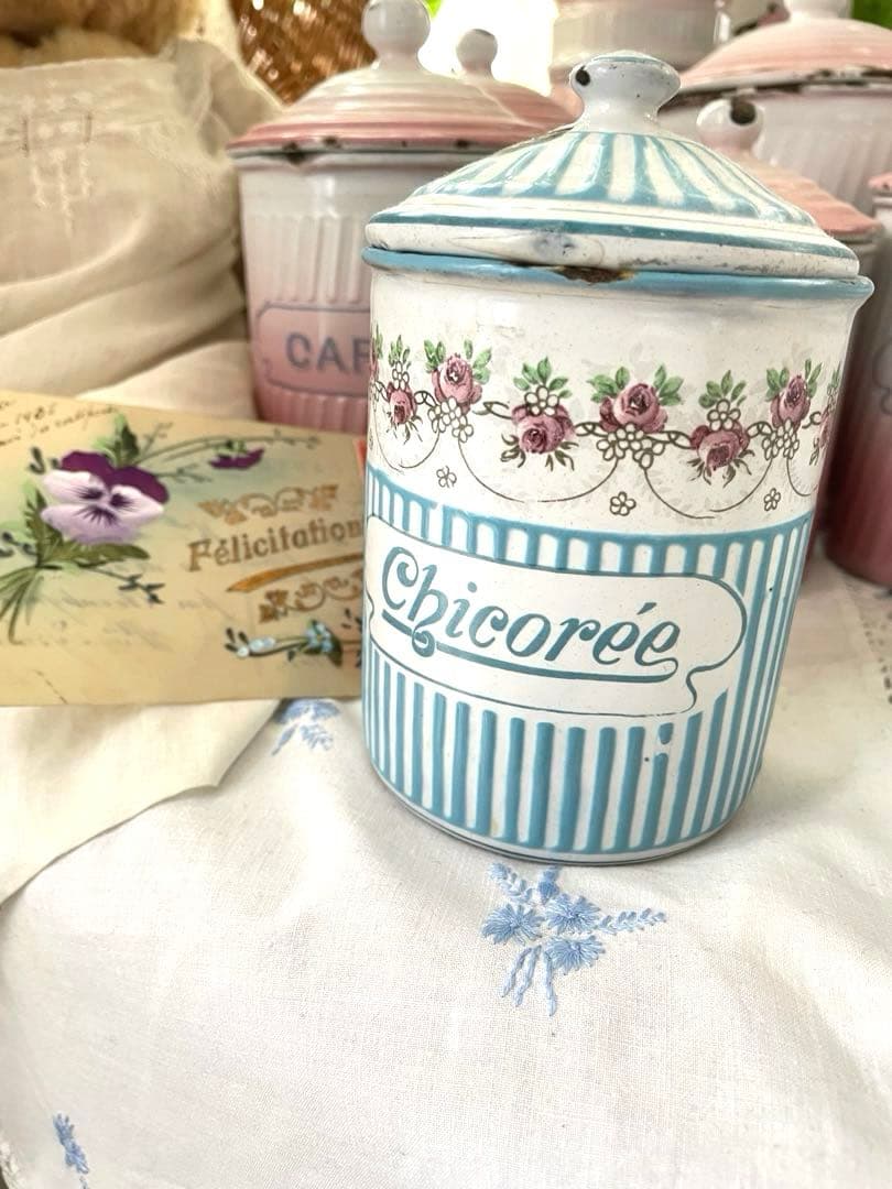 フランスアンティーク BB社ローズガーランドホーローキャニスター·͜· ♡