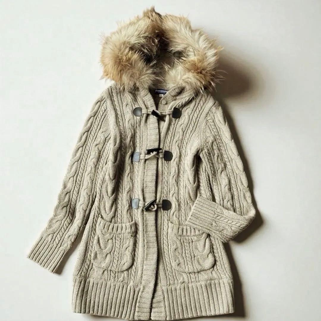 バーバリーブルーレーベル 38 ダッフル コート ケーブル ニット　ファー付