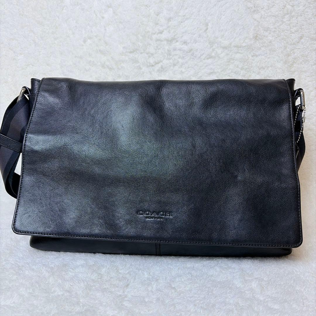 COACH オールレザー メッセンジャーバッグ フラップ メンズ ブラック