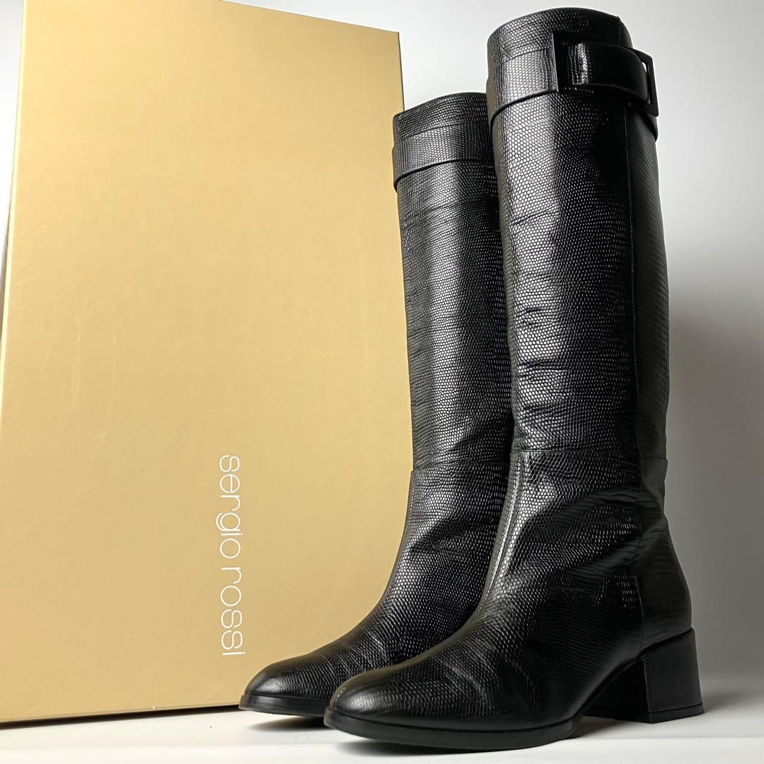 【美品】セルジオロッシ　リザードロングブーツ　ブラックバックル　黒22.5 近年