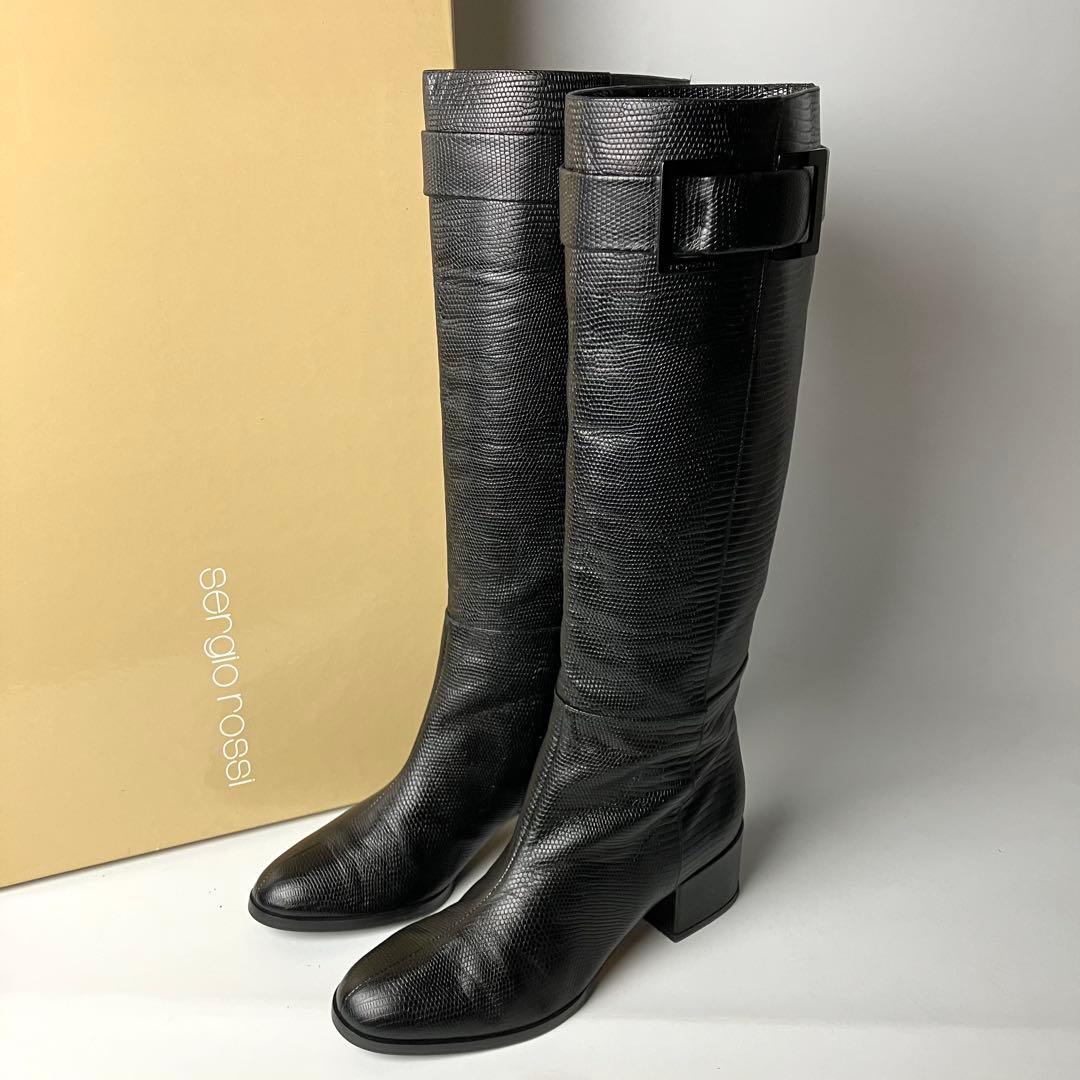 【美品】セルジオロッシ　リザードロングブーツ　ブラックバックル　黒22.5 近年