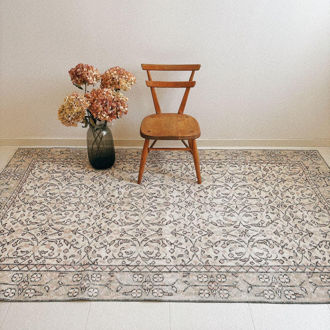 トルコ　ヴィンテージラグ　グリーン　ピンク