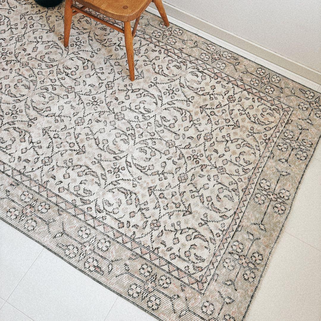 トルコ　ヴィンテージラグ　グリーン　ピンク