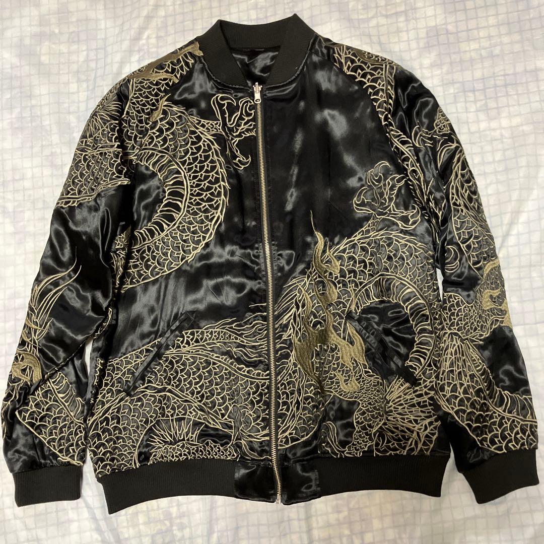 美品　絡繰魂　龍柄刺繍入り　リバーシブルスカジャン ブラック XXL