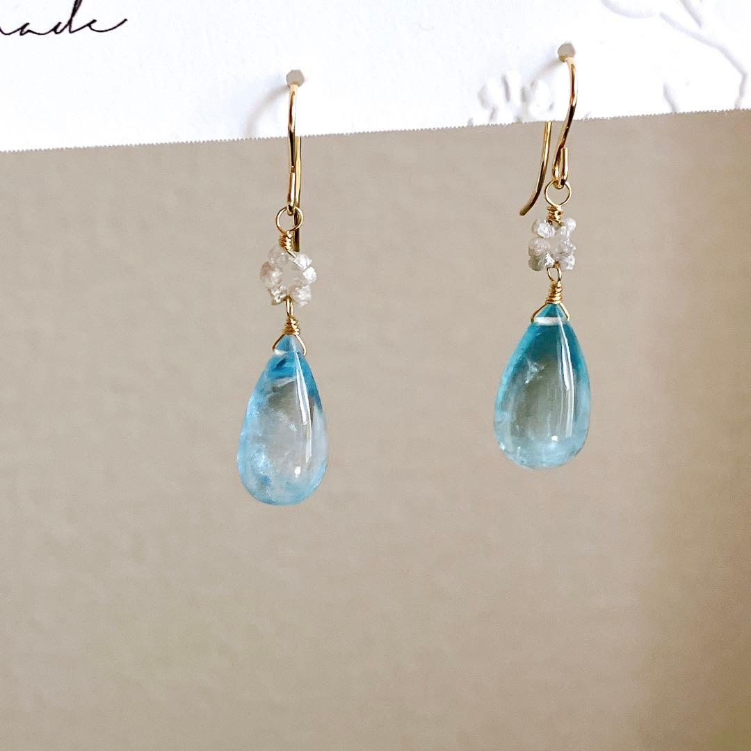 t ama◆オールドストック 大粒アクアマリンピアス✧ホワイトダイヤモンド