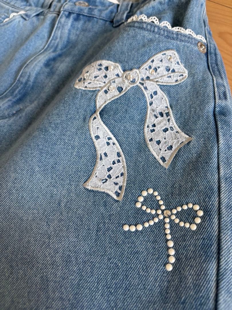 新品 mezzo piano ニコ☆プチ掲載 ワイドデニム 160 レースリボン