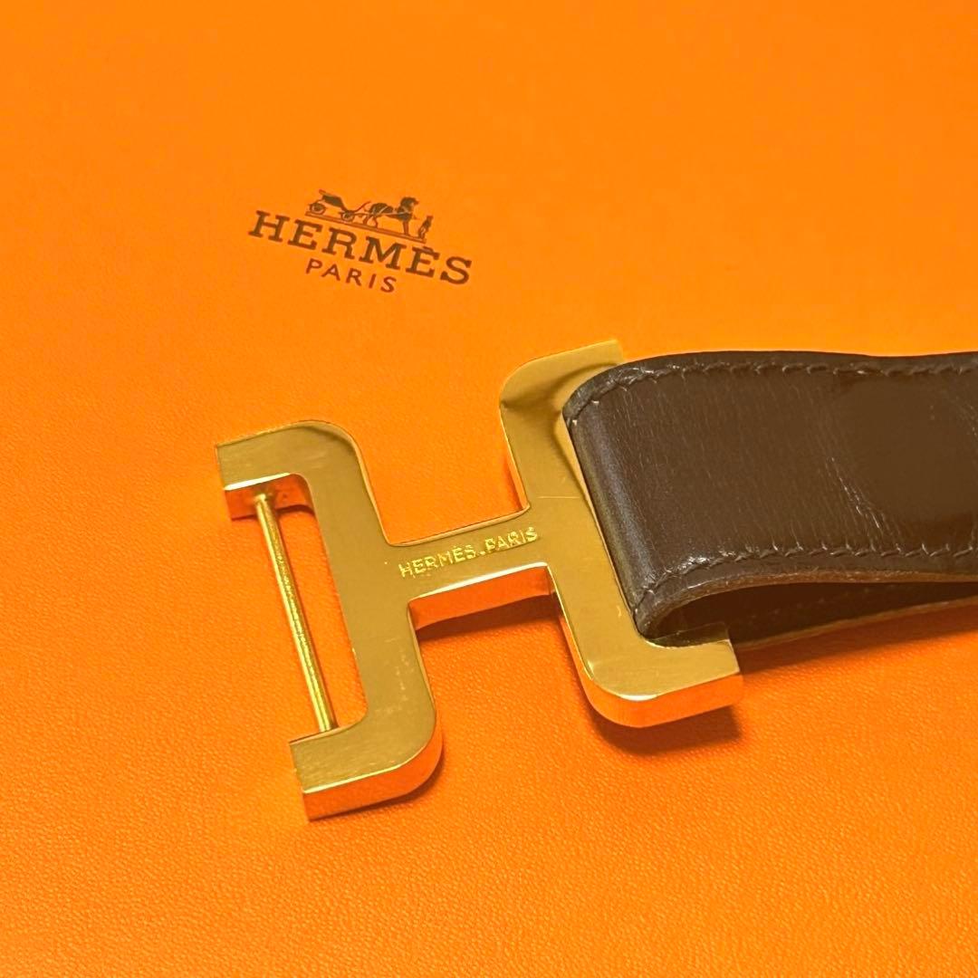 極美品✨HERMES エルメス H バックル ベルト レザー ブラック ゴールド