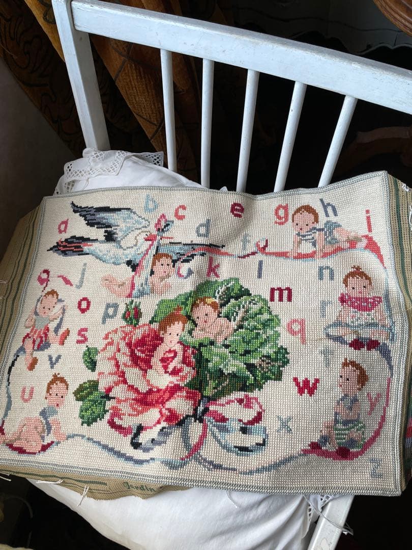 アメリアンティーク　サンプラー　アルファベット　刺繍　プチポアン　レア