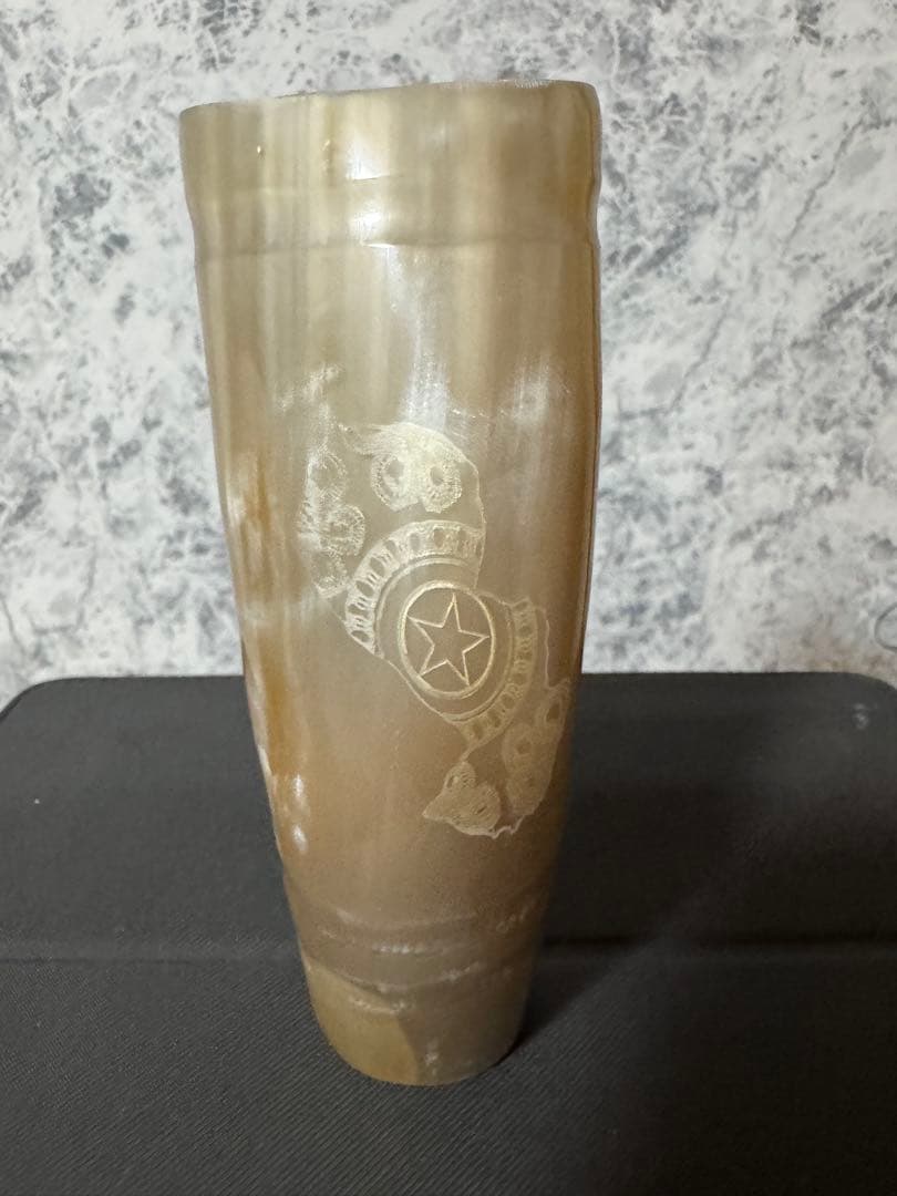 マテ茶カップ 牛角　部分的模様木製茶道具 パラグアイデザイン