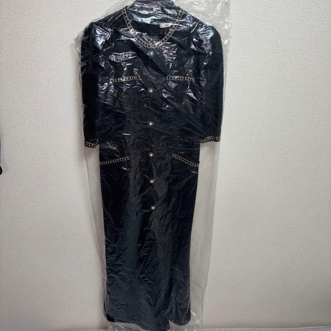 Leje ラメ混ツイードレザーパイピングパールドレス　ブラック