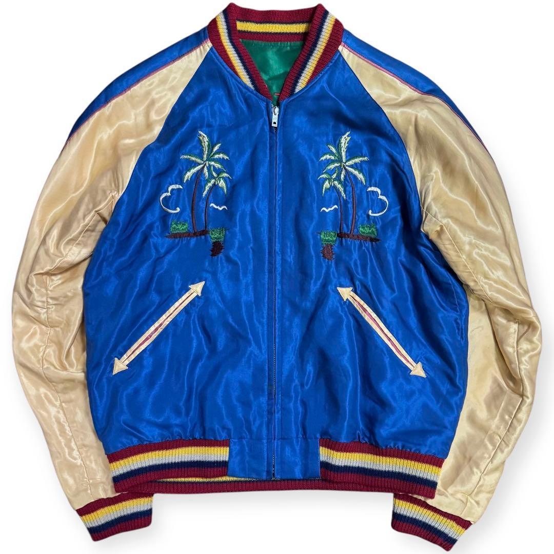 雰囲気抜群 東洋 リバーシブル サテン スカジャン 沖縄MAP×龍 Mサイズ