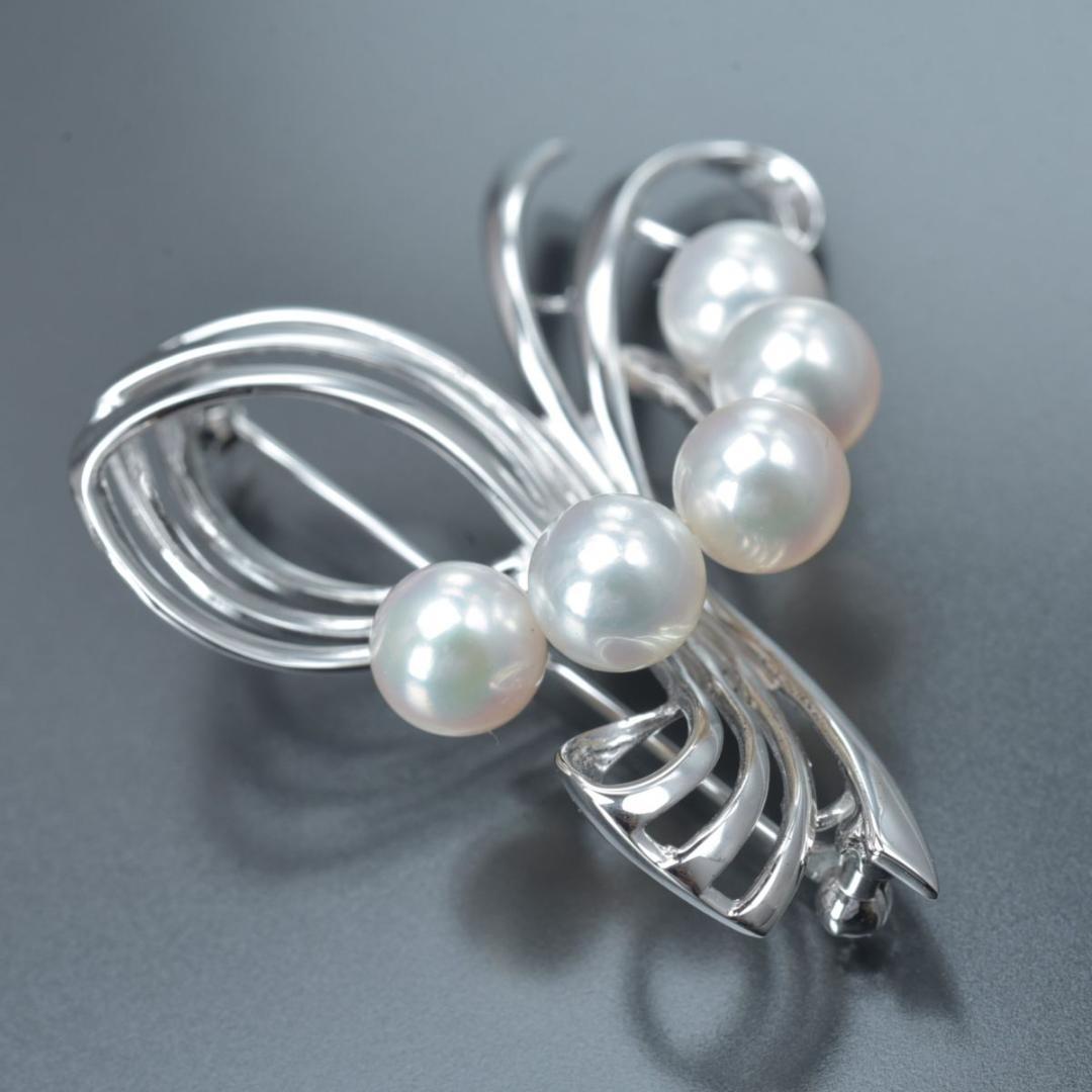 美品 ミキモト アコヤ真珠 ブローチ SV リボン 曲線 パール約6.9mm箱付