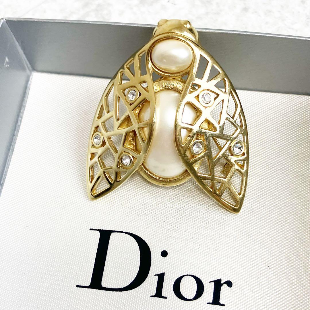美品✨クリスチャン　ディオール　ブローチ　蜂　パール　ラインストーン　ゴールド